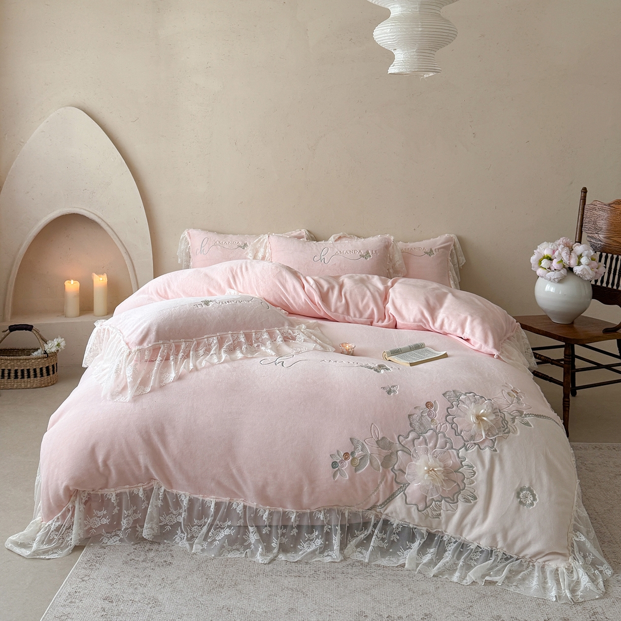 可以家居 2025新款高克重全消光超细旦奶芙云绒四件套-玛利亚系列-莱卡芙 贵族粉