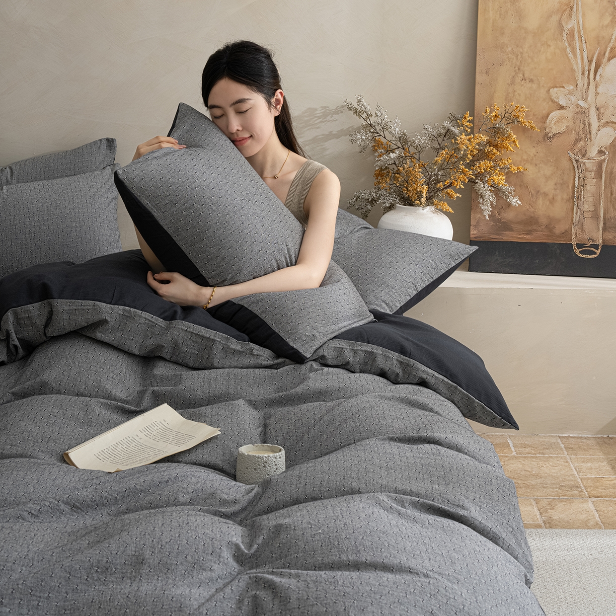 91家纺网 家纺一手货源 找家纺 （总）小叮当家纺仓储工厂店 2025新款提供买家秀爆款花型不断货棉麻提花全棉纯棉磨毛四件套-云缦