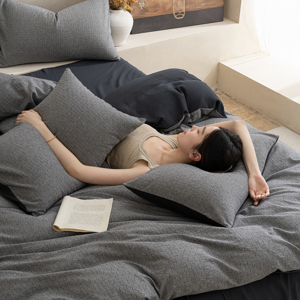 91家纺网 家纺一手货源 找家纺 小叮当家纺仓储工厂店 2025新款提供买家秀爆款花型不断货棉麻提花全棉纯棉磨毛四件套-云缦 云缦·灰