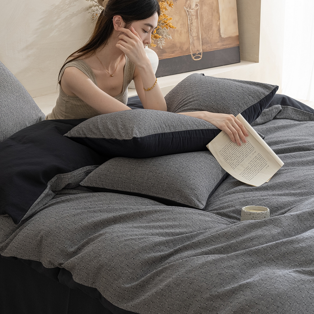 91家纺网 家纺一手货源 找家纺 小叮当家纺仓储工厂店 2025新款提供买家秀爆款花型不断货棉麻提花全棉纯棉磨毛四件套-云缦 云缦·灰