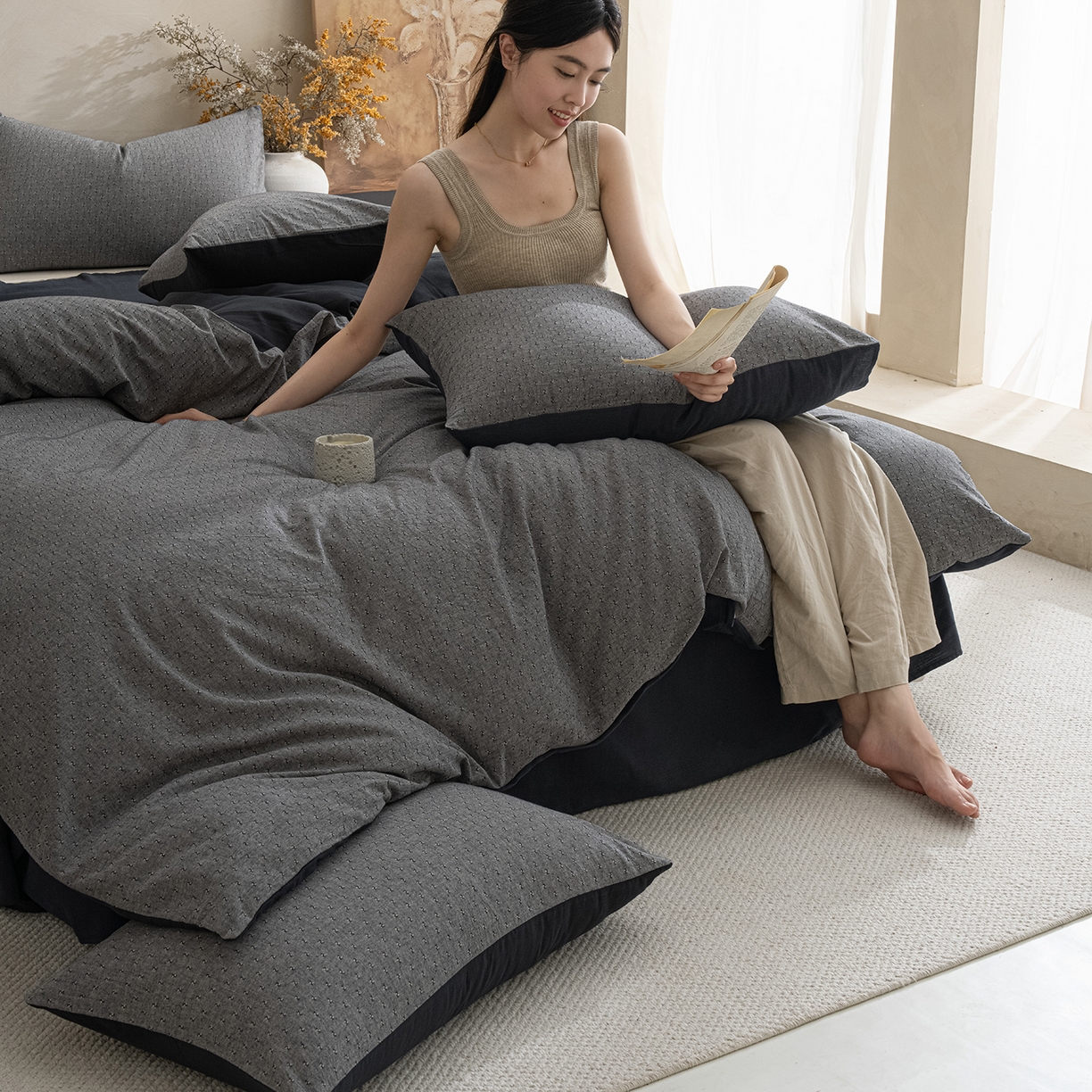 91家纺网 家纺一手货源 找家纺 小叮当家纺仓储工厂店 2025新款提供买家秀爆款花型不断货棉麻提花全棉纯棉磨毛四件套-云缦 云缦·灰