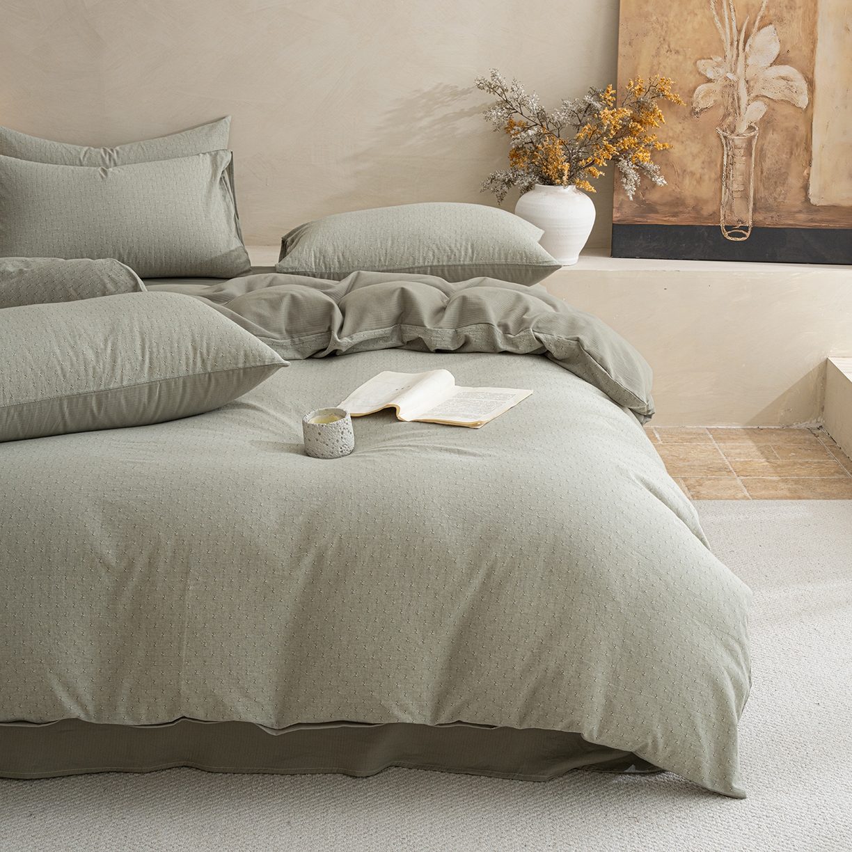 小叮当家纺仓储工厂店 2025新款提供买家秀爆款花型不断货棉麻提花全棉纯棉磨毛四件套-云缦 云缦·绿