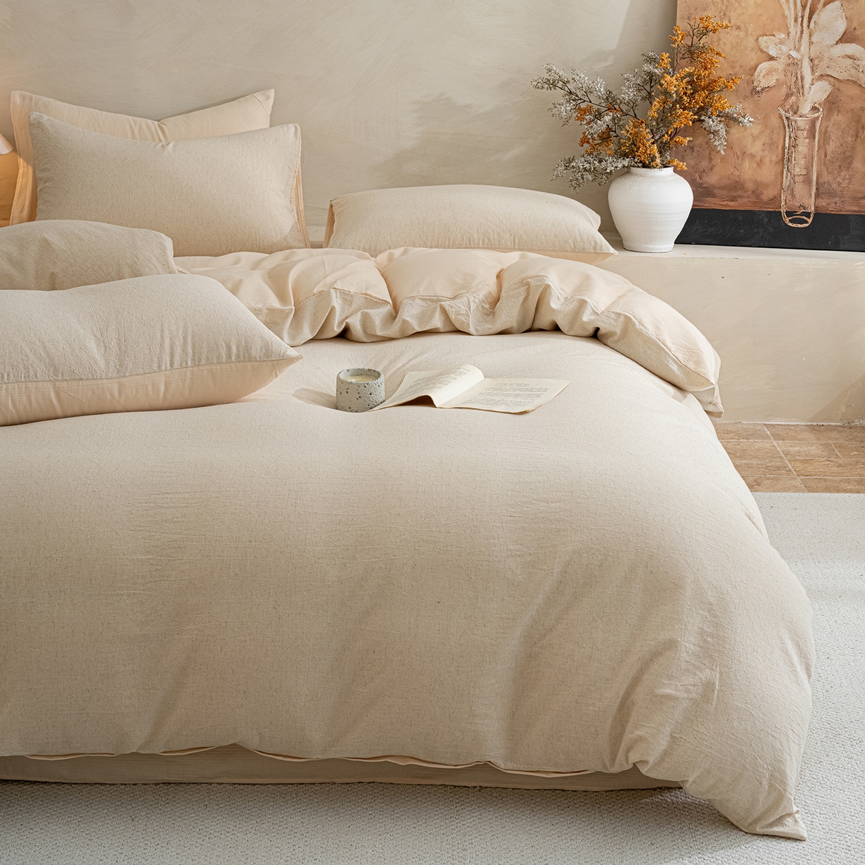 小叮当家纺仓储工厂店 2025新款提供买家秀爆款花型不断货棉麻提花全棉纯棉磨毛四件套-云缦 云缦·米