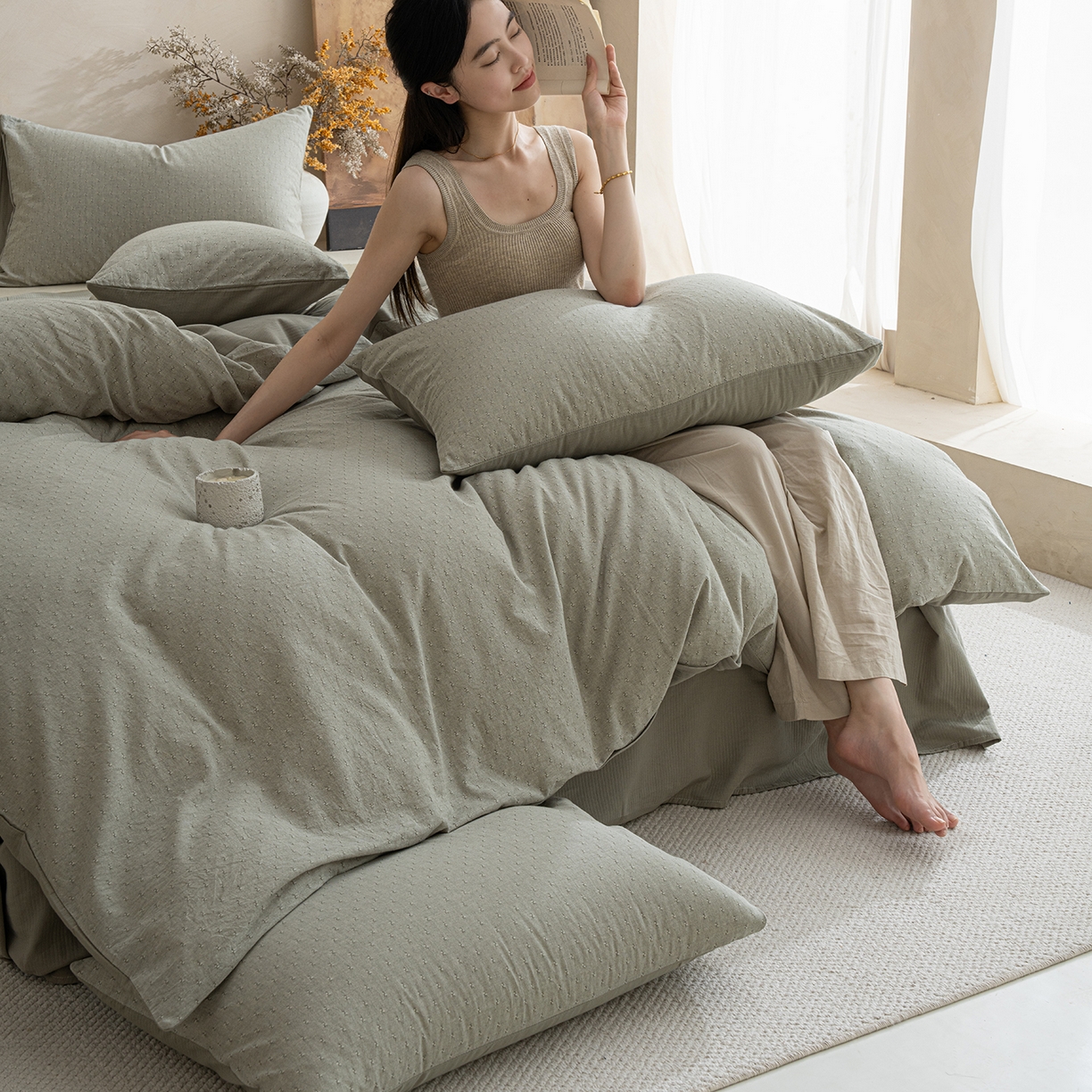 91家纺网 家纺一手货源 找家纺 小叮当家纺仓储工厂店 2025新款提供买家秀爆款花型不断货棉麻提花全棉纯棉磨毛四件套-云缦 云缦·绿