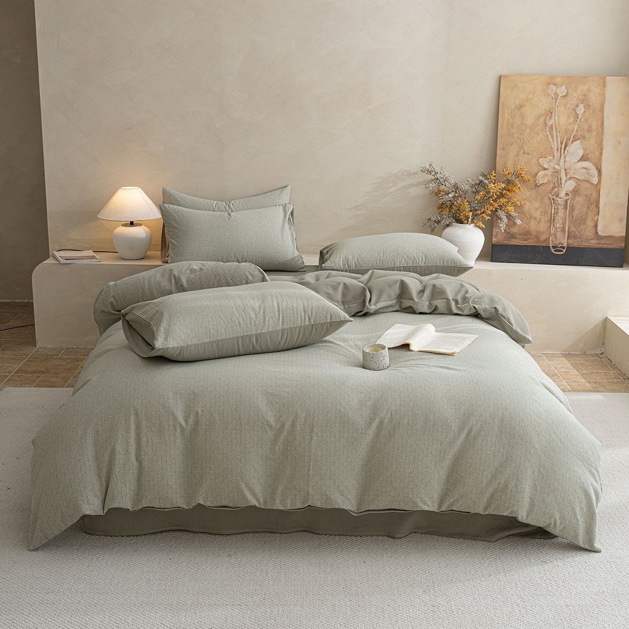 91家纺网 家纺一手货源 找家纺 小叮当家纺仓储工厂店 2025新款提供买家秀爆款花型不断货棉麻提花全棉纯棉磨毛四件套-云缦 云缦·绿