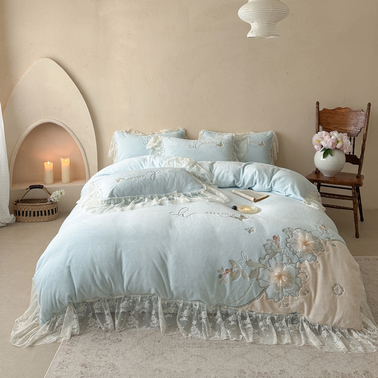 可以家居 2025新款高克重全消光超细旦奶芙云绒四件套-玛利亚系列-莱卡芙 清雅蓝
