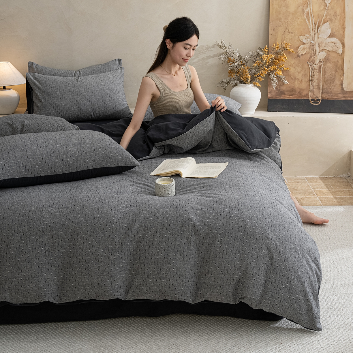 91家纺网 家纺一手货源 找家纺 小叮当家纺仓储工厂店 2025新款提供买家秀爆款花型不断货棉麻提花全棉纯棉磨毛四件套-云缦 云缦·灰