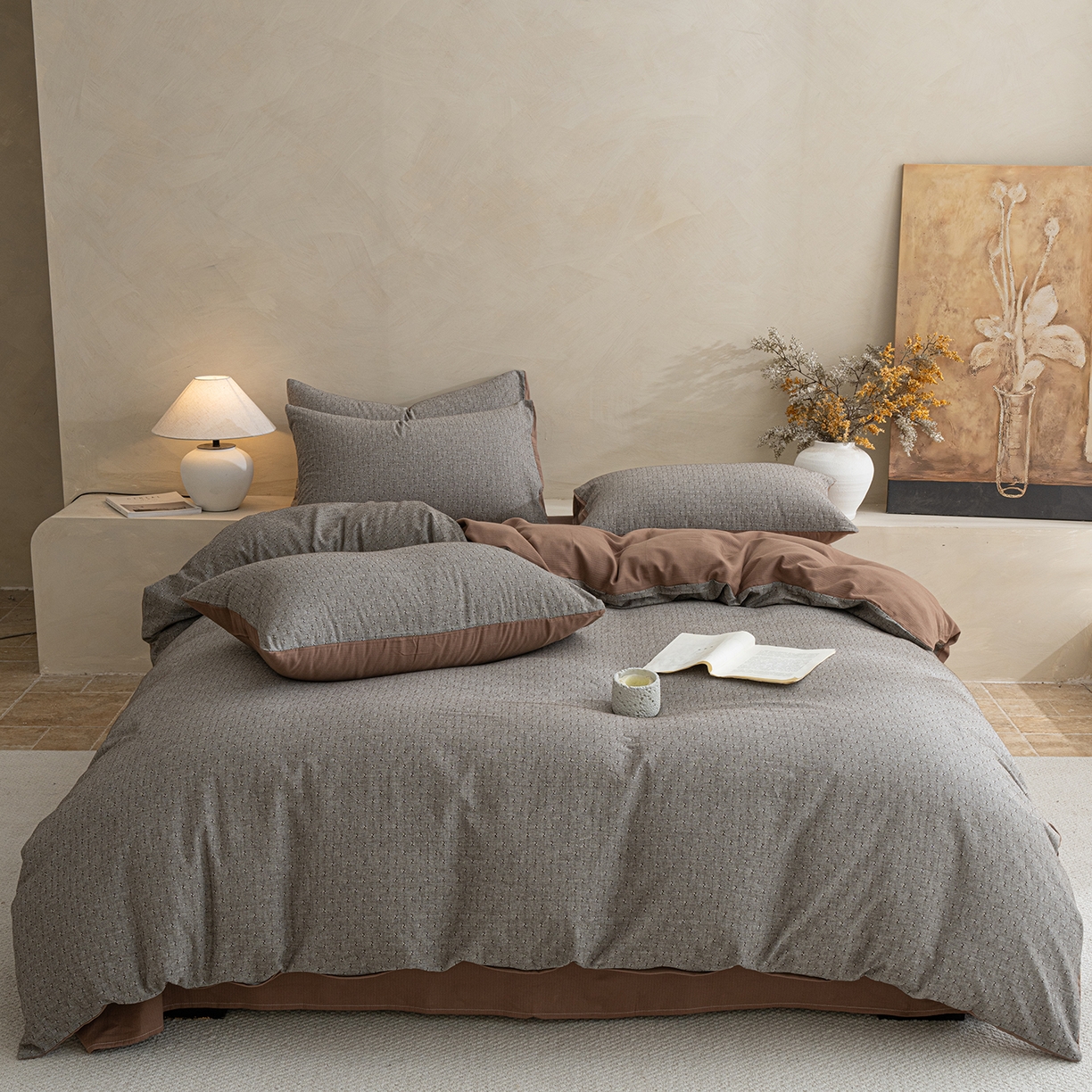 91家纺网 家纺一手货源 找家纺 小叮当家纺仓储工厂店 2025新款提供买家秀爆款花型不断货棉麻提花全棉纯棉磨毛四件套-云缦 云缦·棕