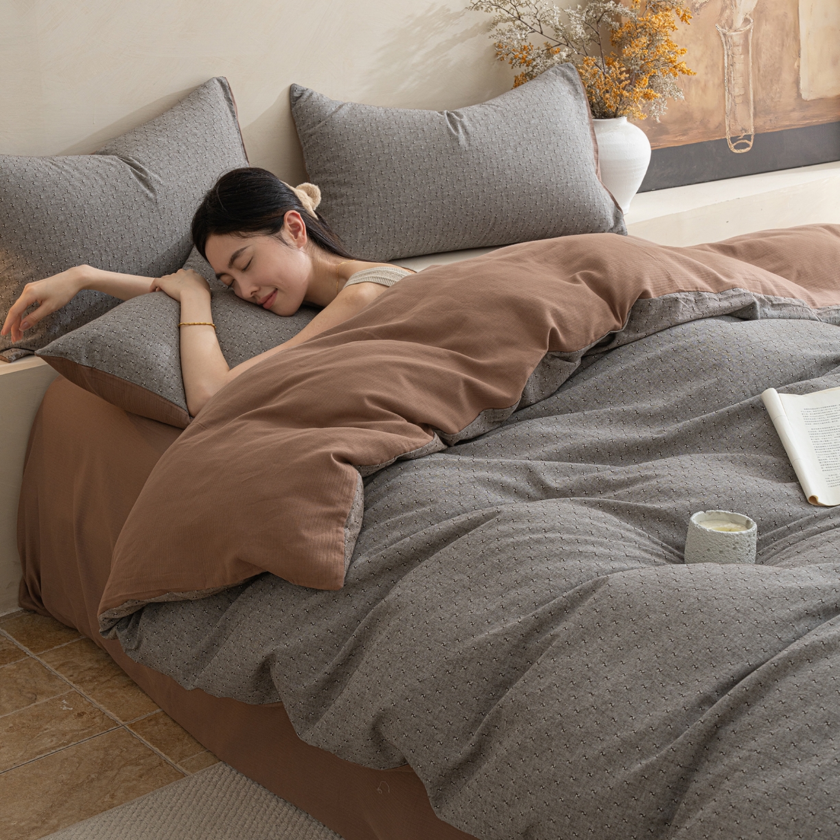 91家纺网 家纺一手货源 找家纺 小叮当家纺仓储工厂店 2025新款提供买家秀爆款花型不断货棉麻提花全棉纯棉磨毛四件套-云缦 云缦·棕