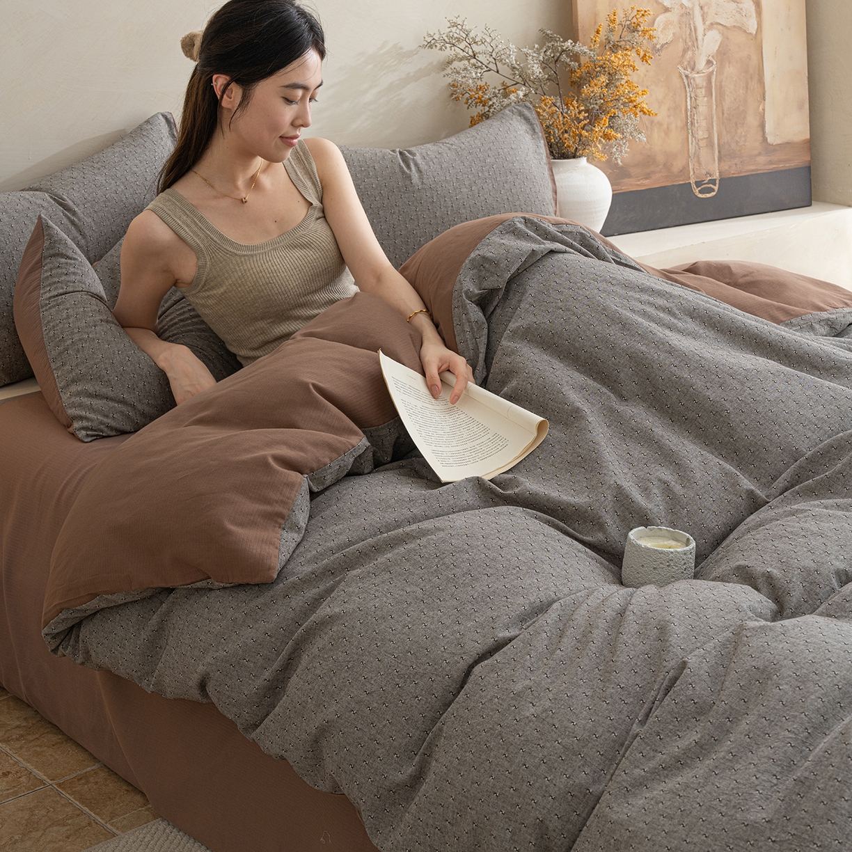 91家纺网 家纺一手货源 找家纺 小叮当家纺仓储工厂店 2025新款提供买家秀爆款花型不断货棉麻提花全棉纯棉磨毛四件套-云缦 云缦·棕