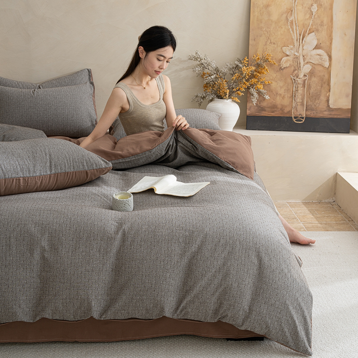 91家纺网 家纺一手货源 找家纺 小叮当家纺仓储工厂店 2025新款提供买家秀爆款花型不断货棉麻提花全棉纯棉磨毛四件套-云缦 云缦·棕