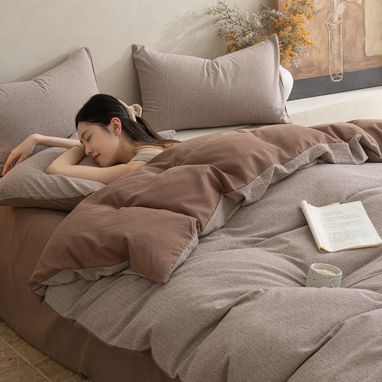 91家纺网 家纺一手货源 找家纺 小叮当家纺仓储工厂店 2025新款提供买家秀爆款花型不断货棉麻提花全棉纯棉磨毛四件套-云缦 云缦·咖