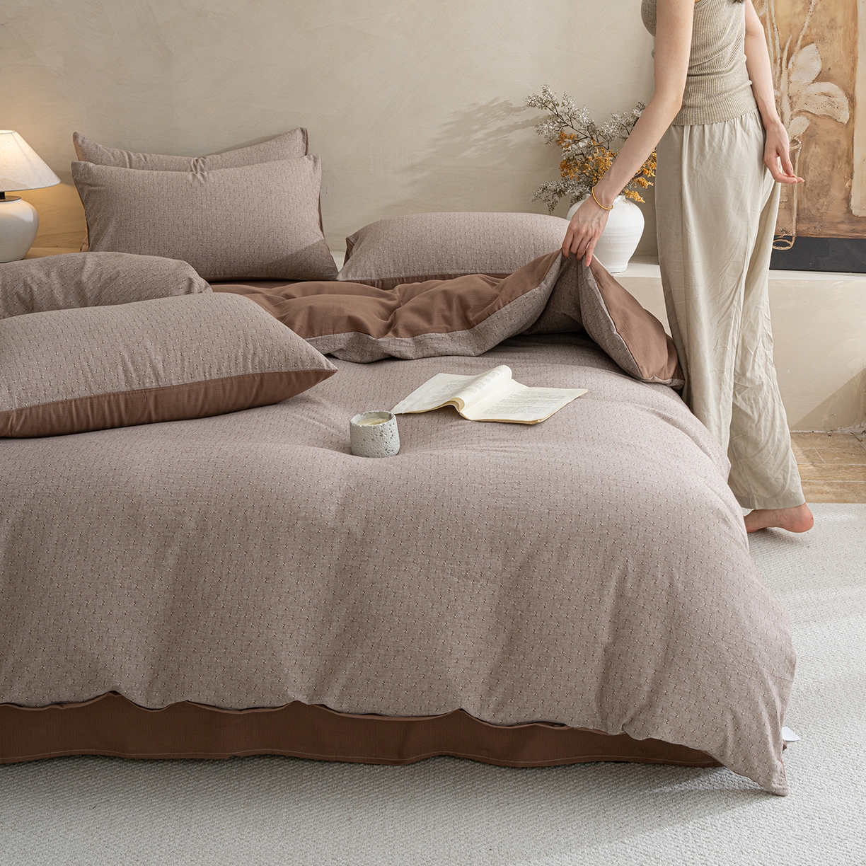 91家纺网 家纺一手货源 找家纺 小叮当家纺仓储工厂店 2025新款提供买家秀爆款花型不断货棉麻提花全棉纯棉磨毛四件套-云缦 云缦·咖