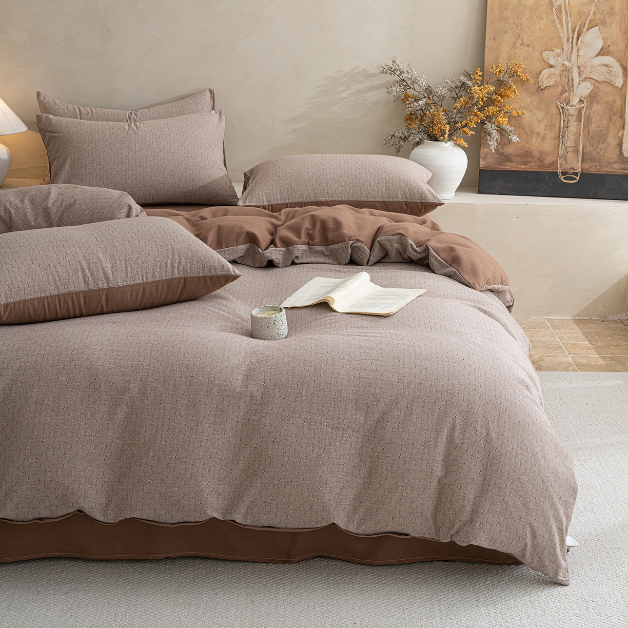 小叮当家纺仓储工厂店 2025新款提供买家秀爆款花型不断货棉麻提花全棉纯棉磨毛四件套-云缦 云缦·咖