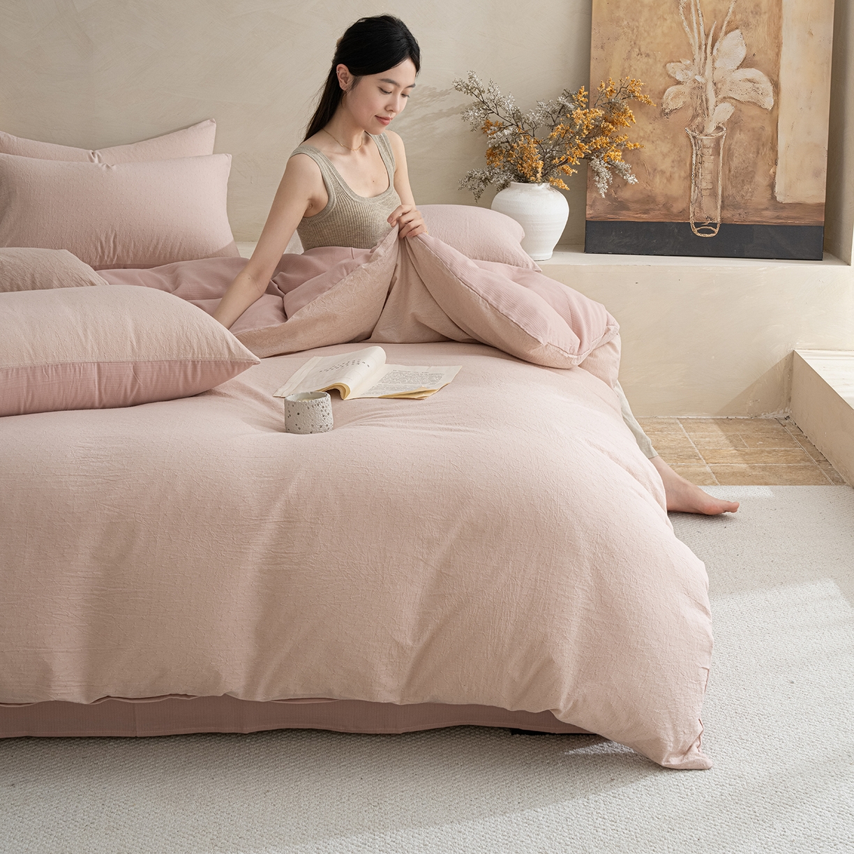 91家纺网 家纺一手货源 找家纺 小叮当家纺仓储工厂店 2025新款提供买家秀爆款花型不断货棉麻提花全棉纯棉磨毛四件套-云缦 云缦·粉