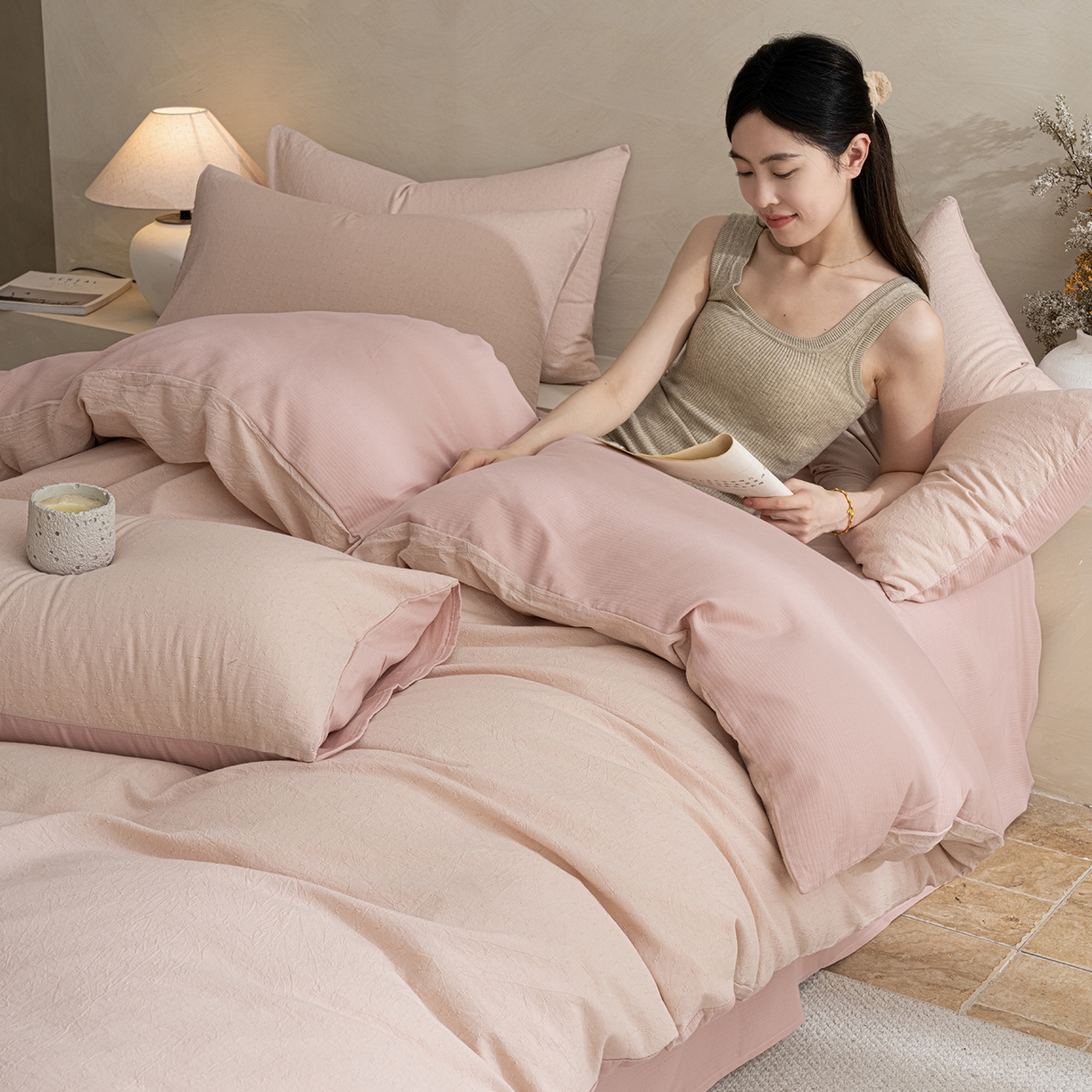 91家纺网 家纺一手货源 找家纺 小叮当家纺仓储工厂店 2025新款提供买家秀爆款花型不断货棉麻提花全棉纯棉磨毛四件套-云缦 云缦·粉