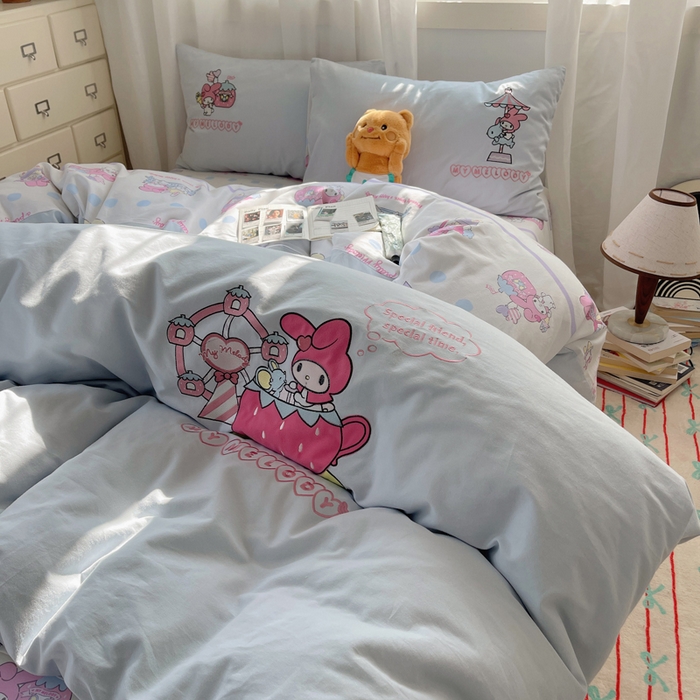 91家纺网 家纺一手货源 找家纺 小叮当家纺仓储工厂店 2025新款提供买家秀爆款花型不断货三丽鸥绣花全棉纯棉磨毛卡通四件套 美乐蒂乐园-兰