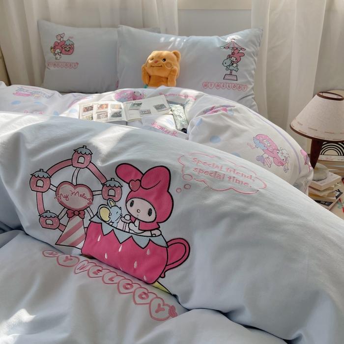 91家纺网 家纺一手货源 找家纺 小叮当家纺仓储工厂店 2025新款提供买家秀爆款花型不断货三丽鸥绣花全棉纯棉磨毛卡通四件套 美乐蒂乐园-兰