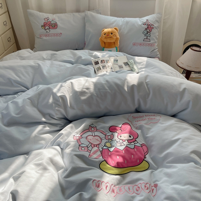 91家纺网 家纺一手货源 找家纺 小叮当家纺仓储工厂店 2025新款提供买家秀爆款花型不断货三丽鸥绣花全棉纯棉磨毛卡通四件套 美乐蒂乐园-兰