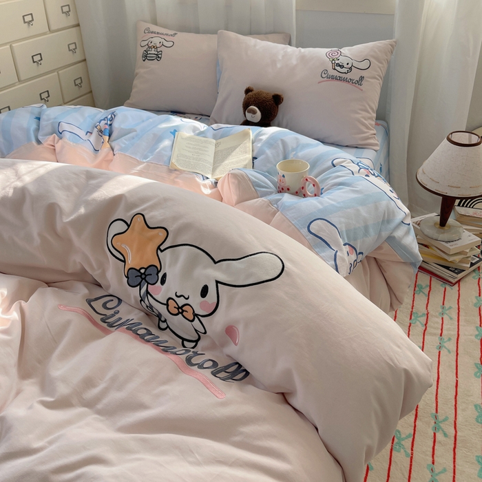 91家纺网 家纺一手货源 找家纺 小叮当家纺仓储工厂店 2025新款提供买家秀爆款花型不断货三丽鸥绣花全棉纯棉磨毛卡通四件套 星愿玉桂狗-粉