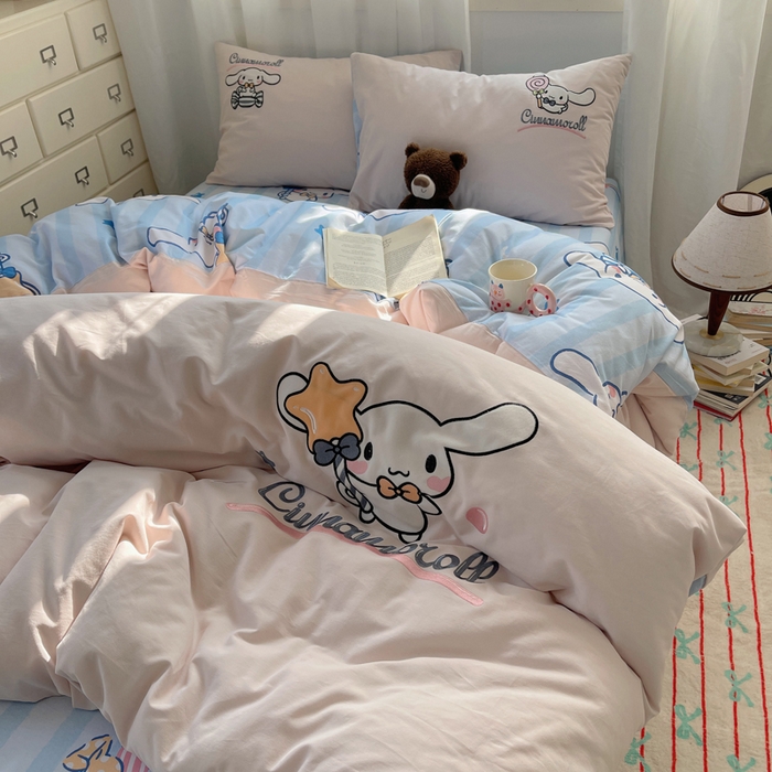 91家纺网 家纺一手货源 找家纺 小叮当家纺仓储工厂店 2025新款提供买家秀爆款花型不断货三丽鸥绣花全棉纯棉磨毛卡通四件套 星愿玉桂狗-粉