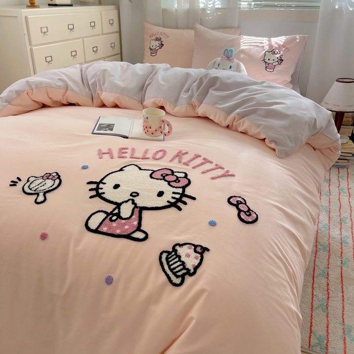 91家纺网 家纺一手货源 找家纺 小叮当家纺仓储工厂店 2025新款提供买家秀爆款花型不断货三丽鸥绣花全棉纯棉磨毛卡通四件套 甜心kitty