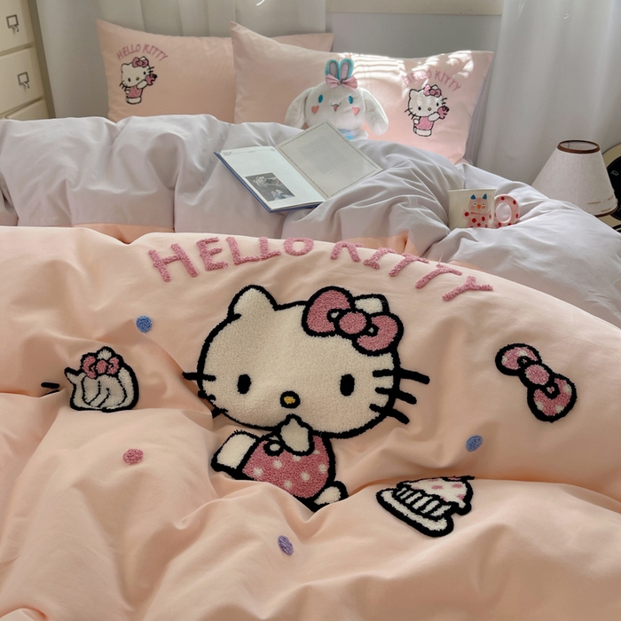 91家纺网 家纺一手货源 找家纺 小叮当家纺仓储工厂店 2025新款提供买家秀爆款花型不断货三丽鸥绣花全棉纯棉磨毛卡通四件套 甜心kitty