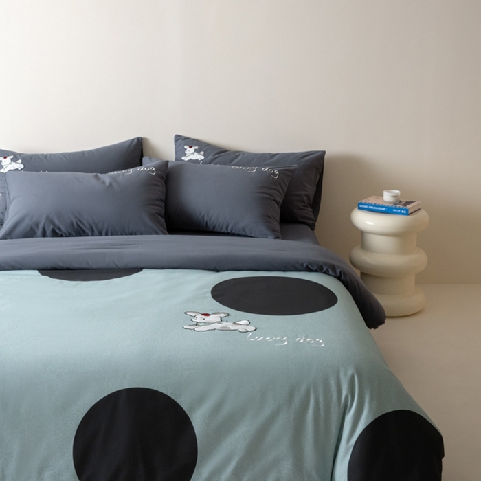 91家纺网 家纺一手货源 找家纺 小叮当家纺仓储工厂店 2025新款提供买家秀爆款花型不断货全棉纯棉磨毛四件套大版定位印加绣 波点派对