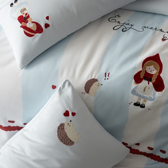 91家纺网 家纺一手货源 找家纺 小叮当家纺仓储工厂店 2025新款提供买家秀爆款花型不断货全棉纯棉磨毛四件套大版定位印加绣 小红帽