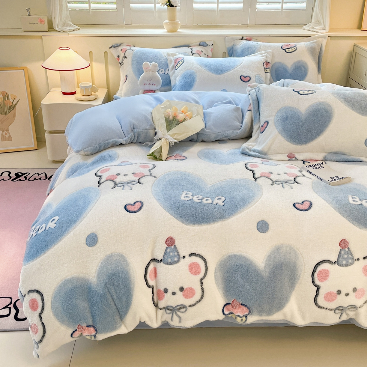 91家纺网 家纺一手货源 找家纺 沐慕 2025新款A类200g加厚雪花绒180g牛奶绒四件套 爱心小熊