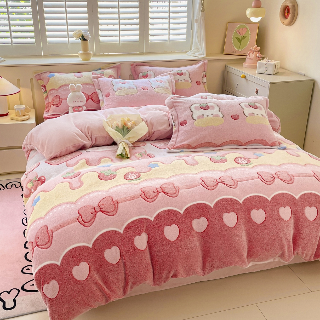 91家纺网 家纺一手货源 找家纺 沐慕 2025新款A类200g加厚雪花绒180g牛奶绒四件套 蛋糕兔