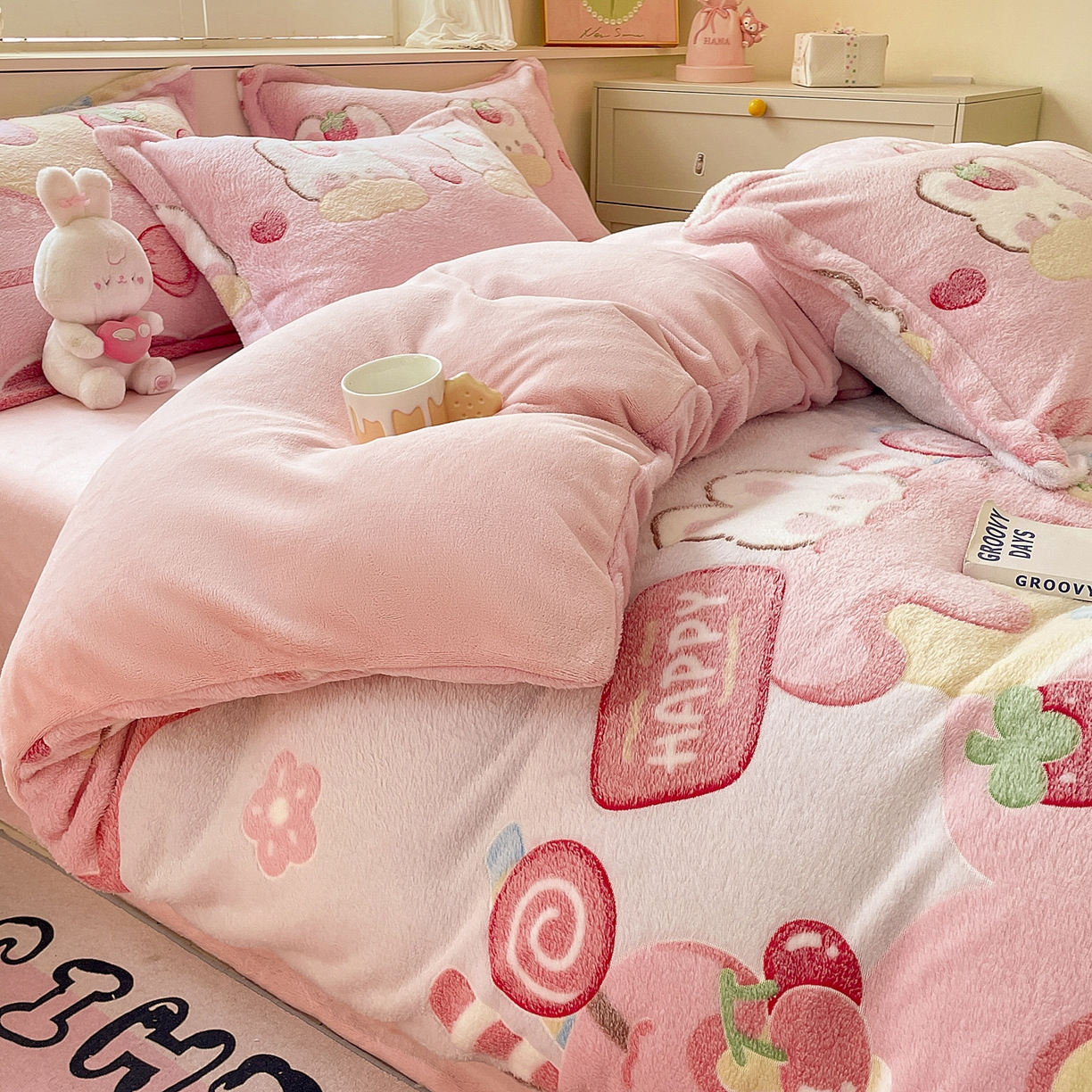 91家纺网 家纺一手货源 找家纺 沐慕 2025新款A类200g加厚雪花绒180g牛奶绒四件套 蛋糕兔