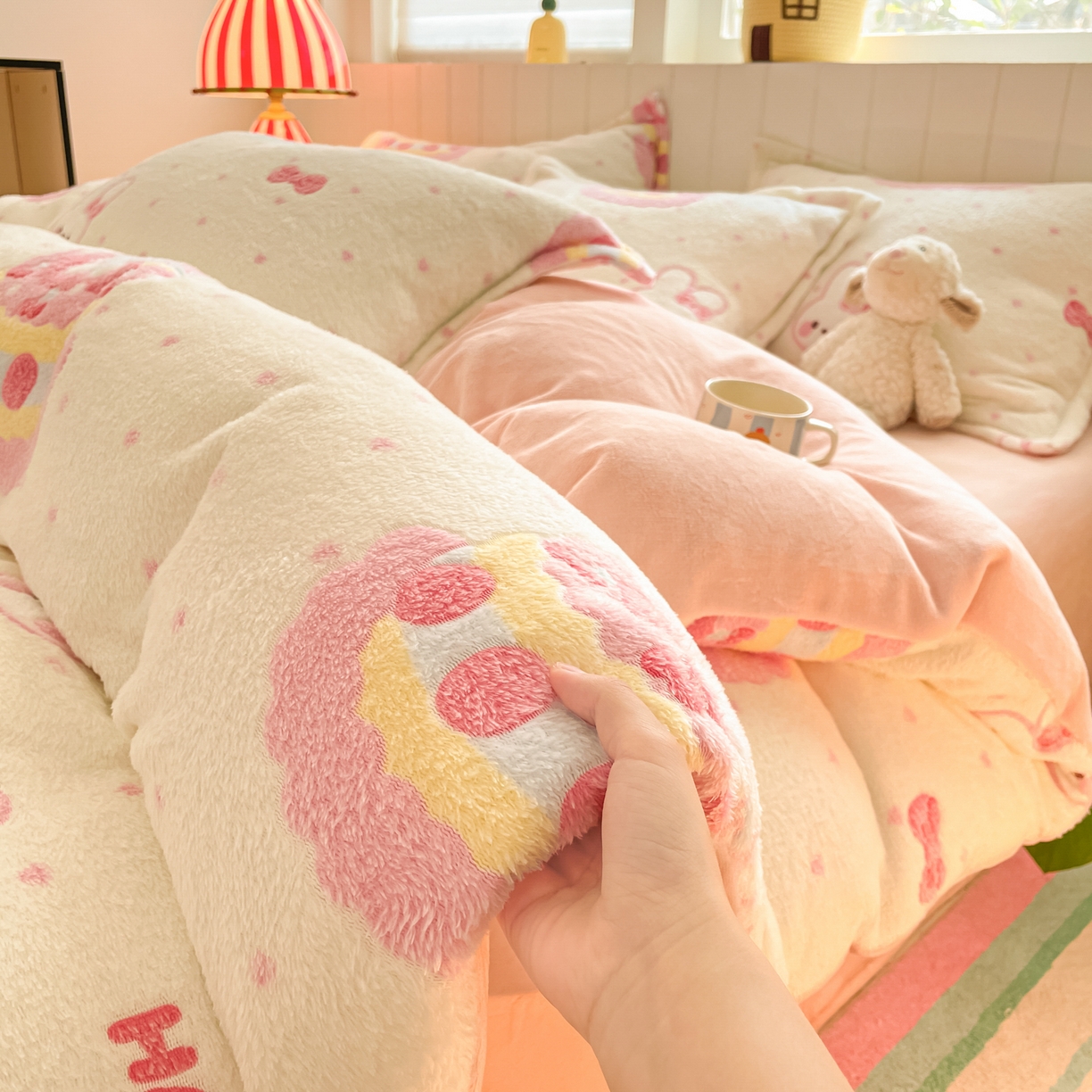 91家纺网 家纺一手货源 找家纺 沐慕 2025新款A类200g加厚雪花绒180g牛奶绒四件套 蛋糕小兔