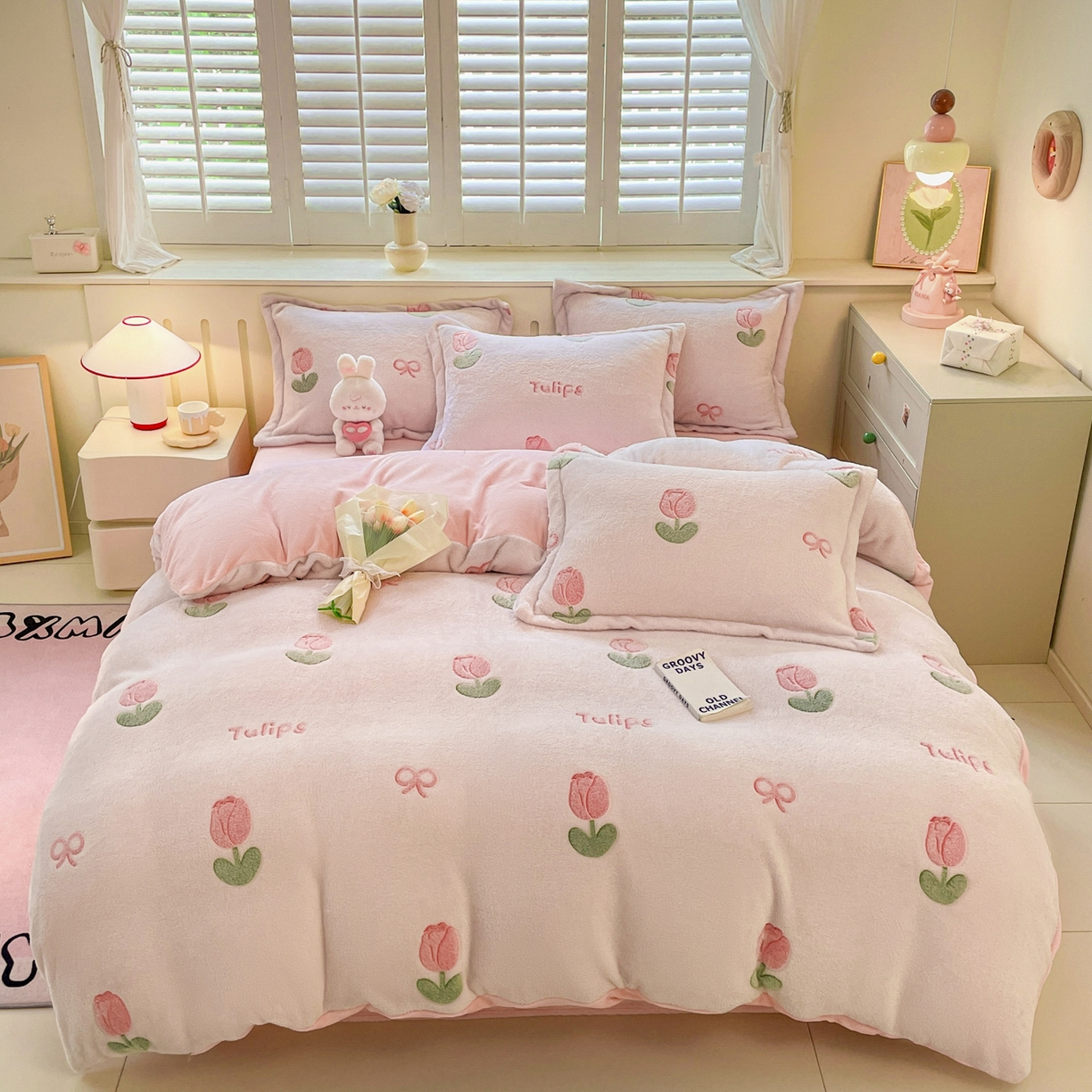 91家纺网 家纺一手货源 找家纺 沐慕 2025新款A类200g加厚雪花绒180g牛奶绒四件套 粉嫩郁金香