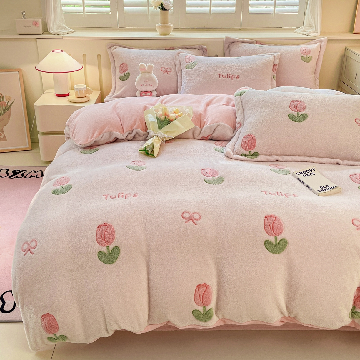 91家纺网 家纺一手货源 找家纺 沐慕 2025新款A类200g加厚雪花绒180g牛奶绒四件套 粉嫩郁金香