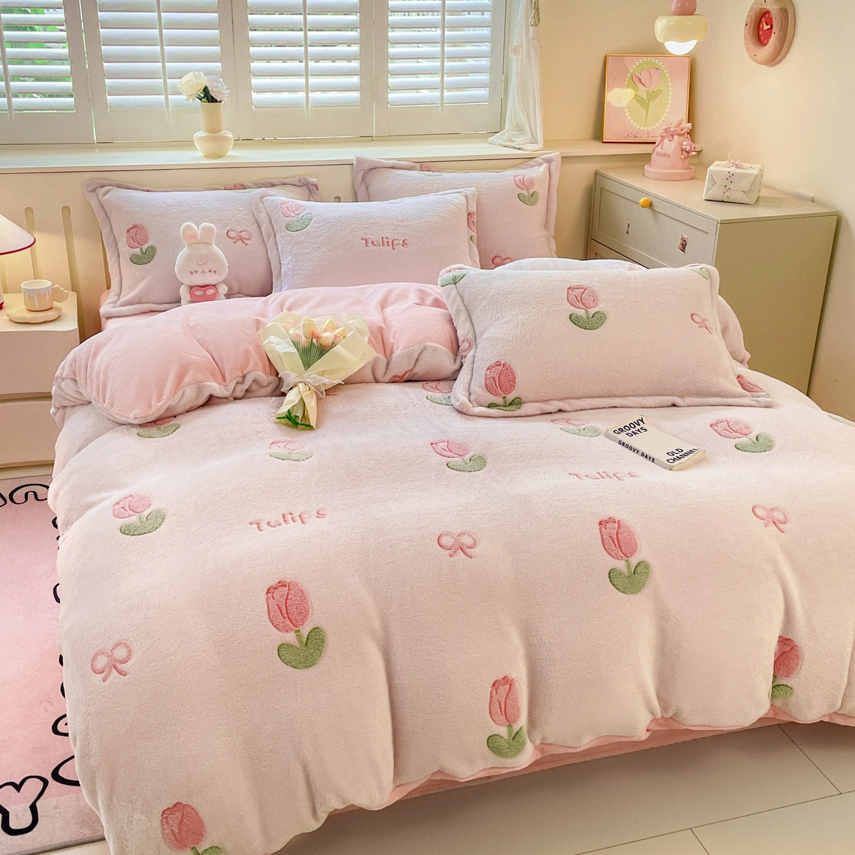 91家纺网 家纺一手货源 找家纺 沐慕 2025新款A类200g加厚雪花绒180g牛奶绒四件套 粉嫩郁金香