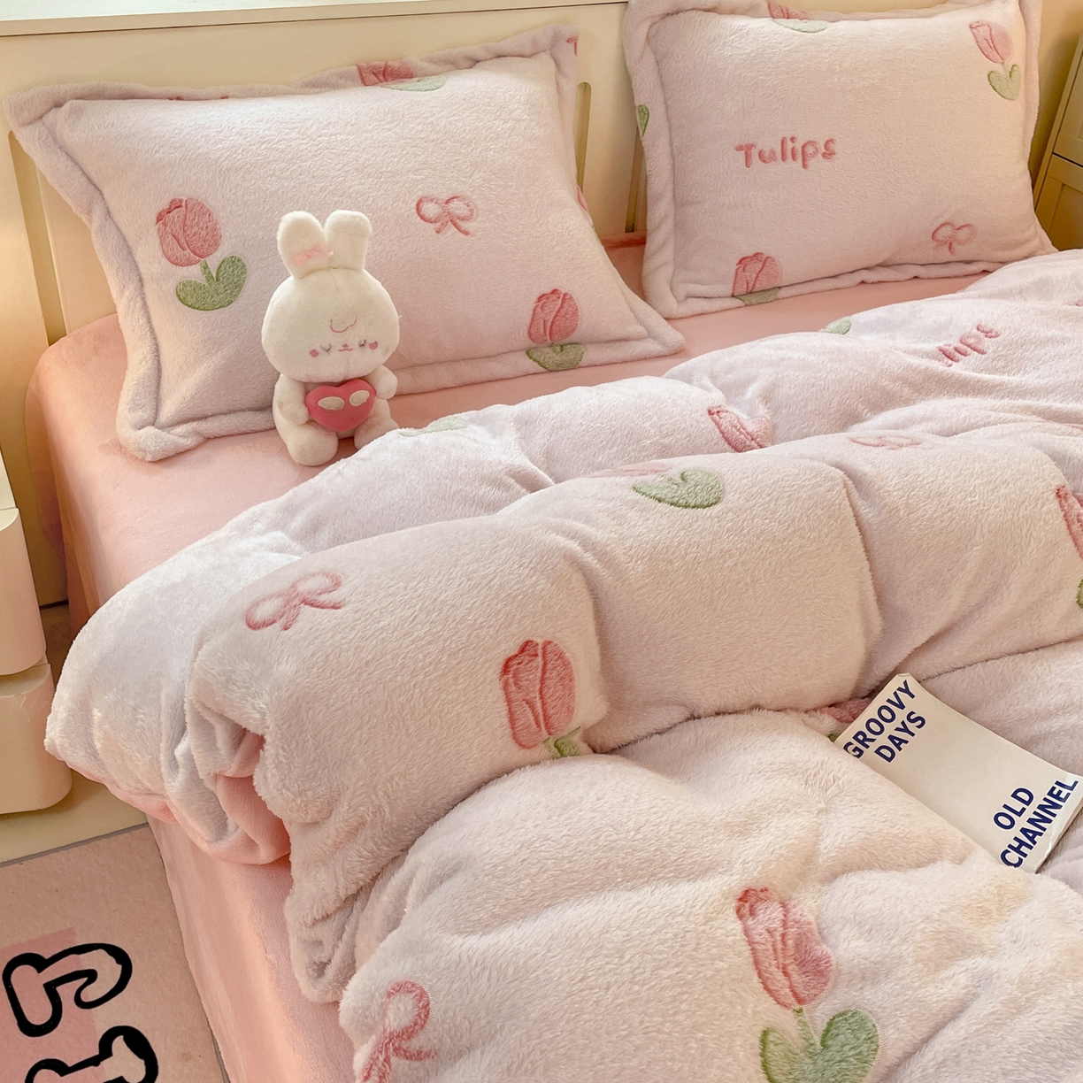 91家纺网 家纺一手货源 找家纺 沐慕 2025新款A类200g加厚雪花绒180g牛奶绒四件套 粉嫩郁金香