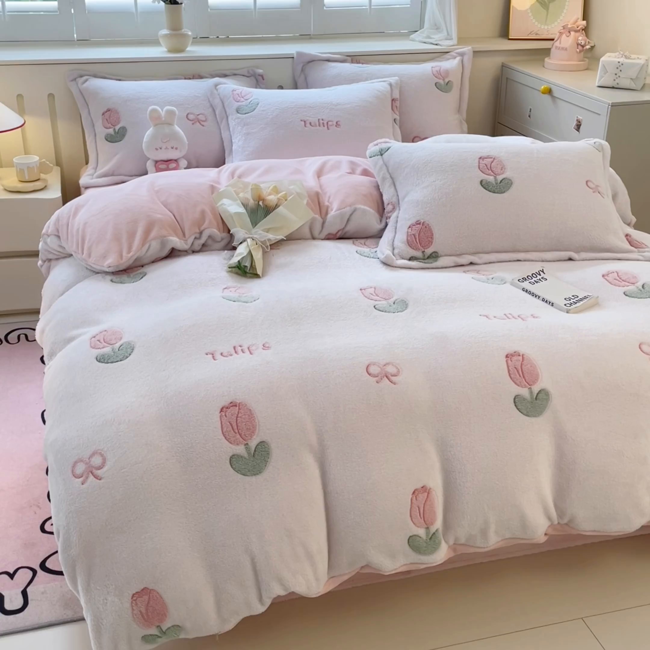 91家纺网 家纺一手货源 找家纺 沐慕 2025新款A类200g加厚雪花绒180g牛奶绒四件套 粉嫩郁金香