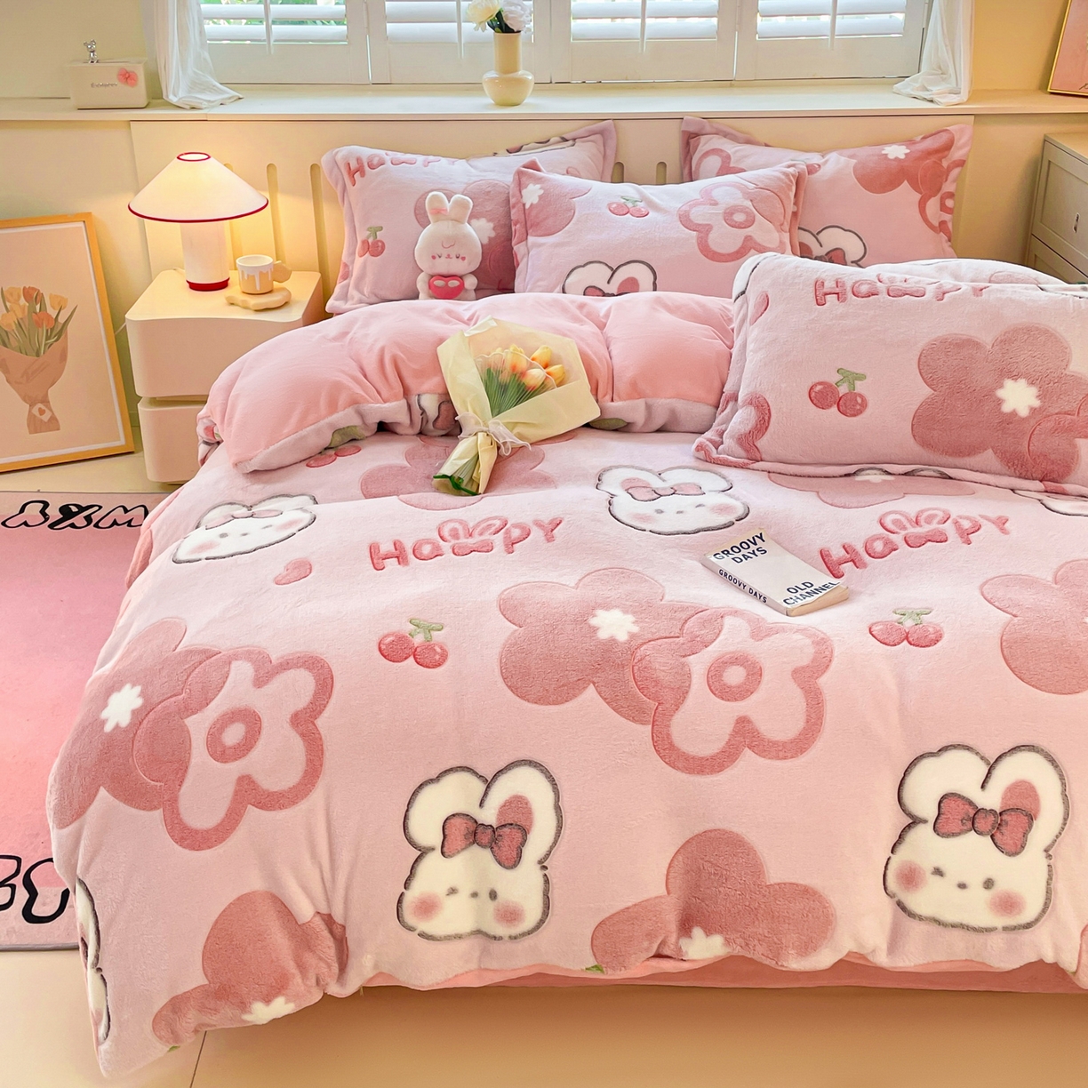 91家纺网 家纺一手货源 找家纺 沐慕 2025新款A类200g加厚雪花绒180g牛奶绒四件套 花花粉兔