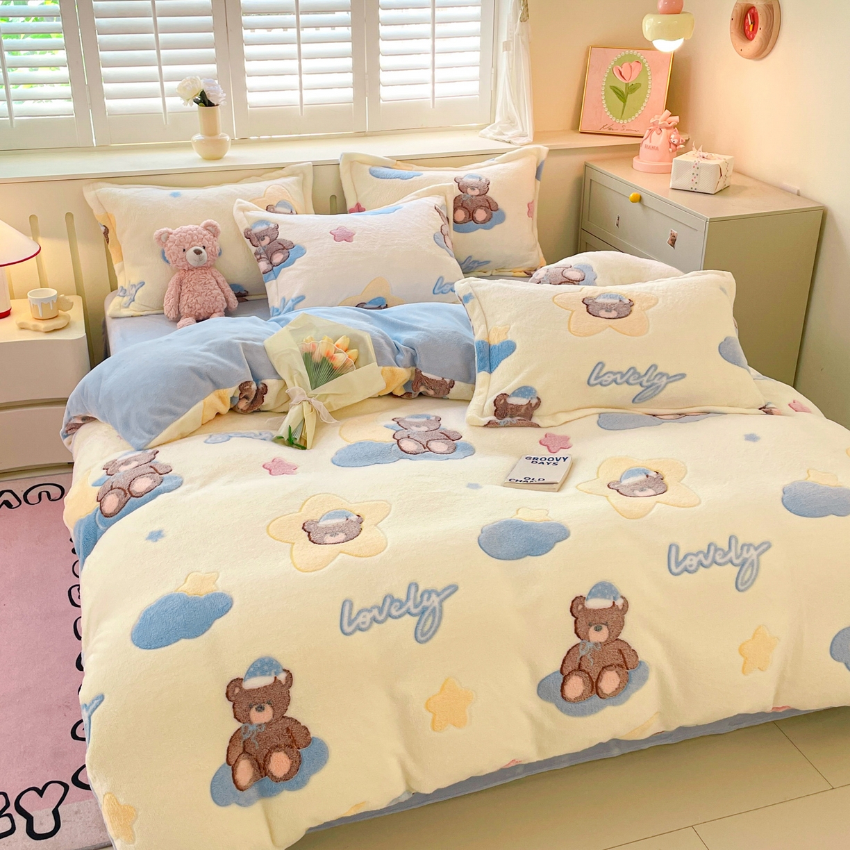 91家纺网 家纺一手货源 找家纺 沐慕 2025新款A类200g加厚雪花绒180g牛奶绒四件套 可爱熊