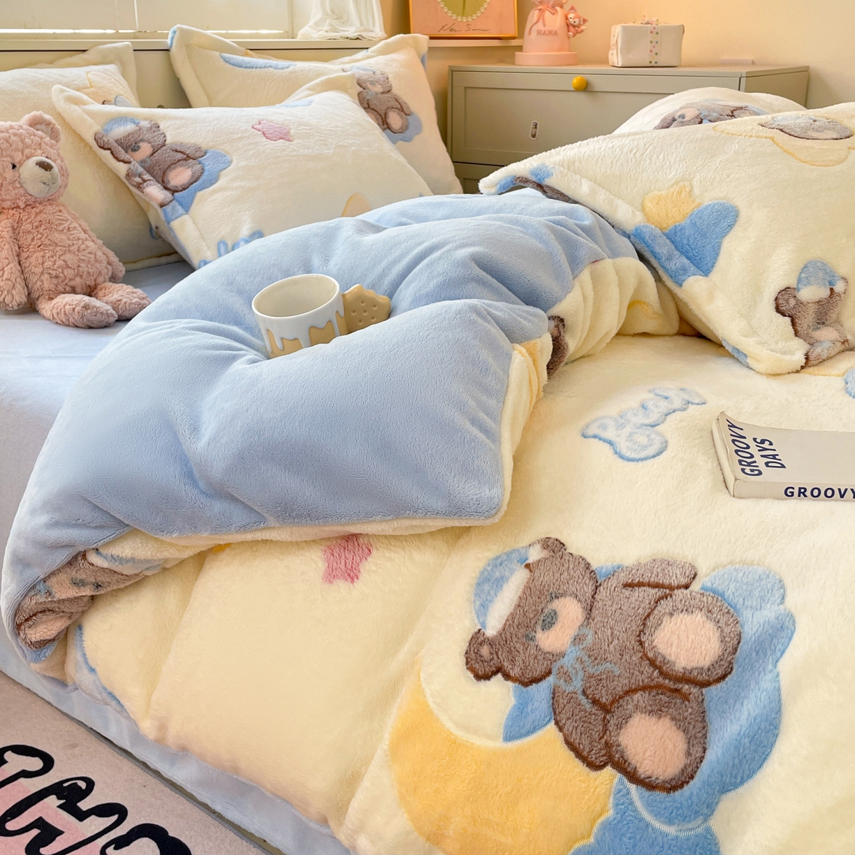 91家纺网 家纺一手货源 找家纺 沐慕 2025新款A类200g加厚雪花绒180g牛奶绒四件套 可爱熊