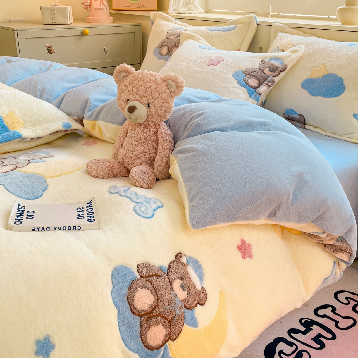 91家纺网 家纺一手货源 找家纺 沐慕 2025新款A类200g加厚雪花绒180g牛奶绒四件套 可爱熊