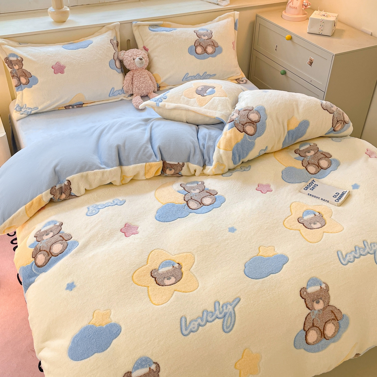 91家纺网 家纺一手货源 找家纺 沐慕 2025新款A类200g加厚雪花绒180g牛奶绒四件套 可爱熊