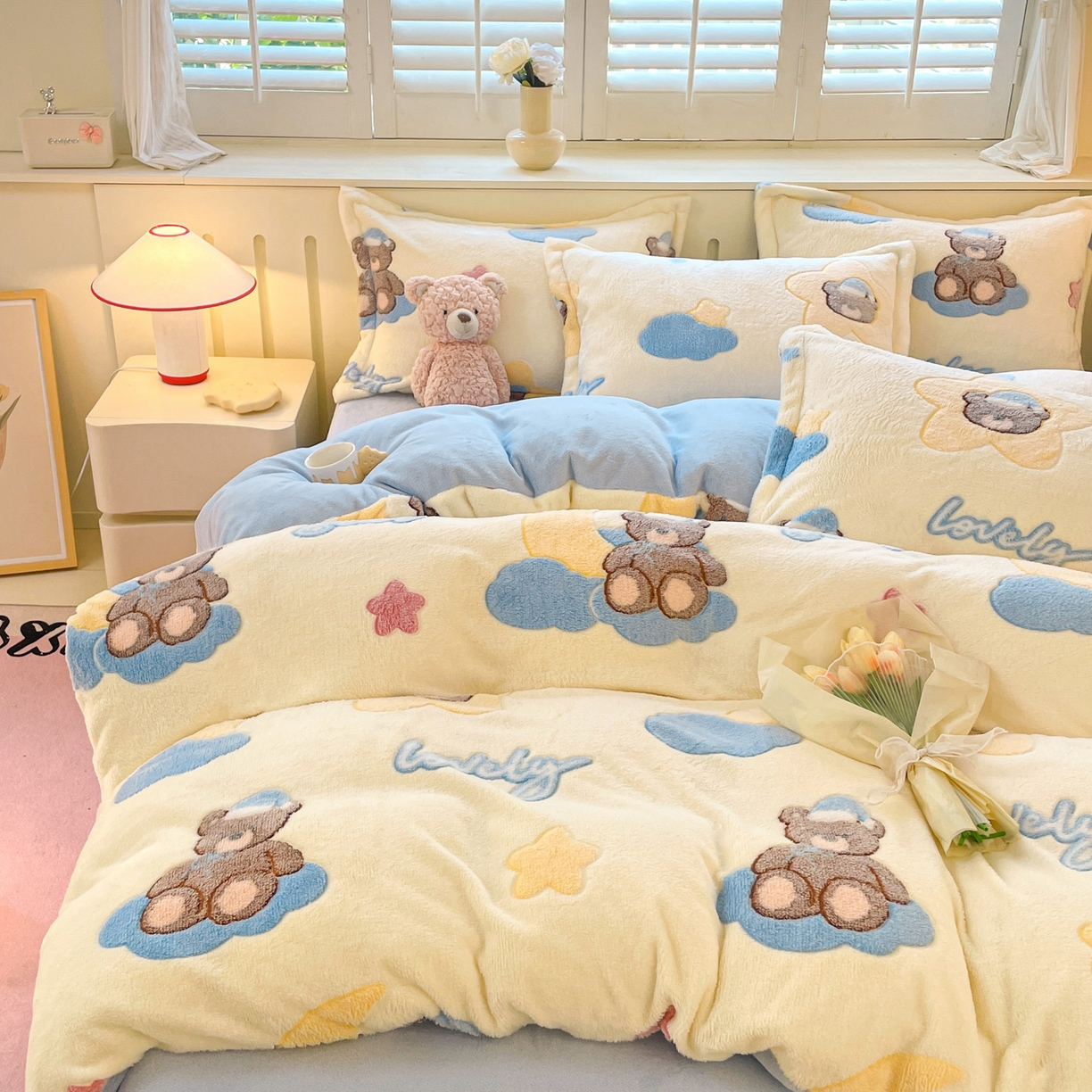 91家纺网 家纺一手货源 找家纺 沐慕 2025新款A类200g加厚雪花绒180g牛奶绒四件套 可爱熊