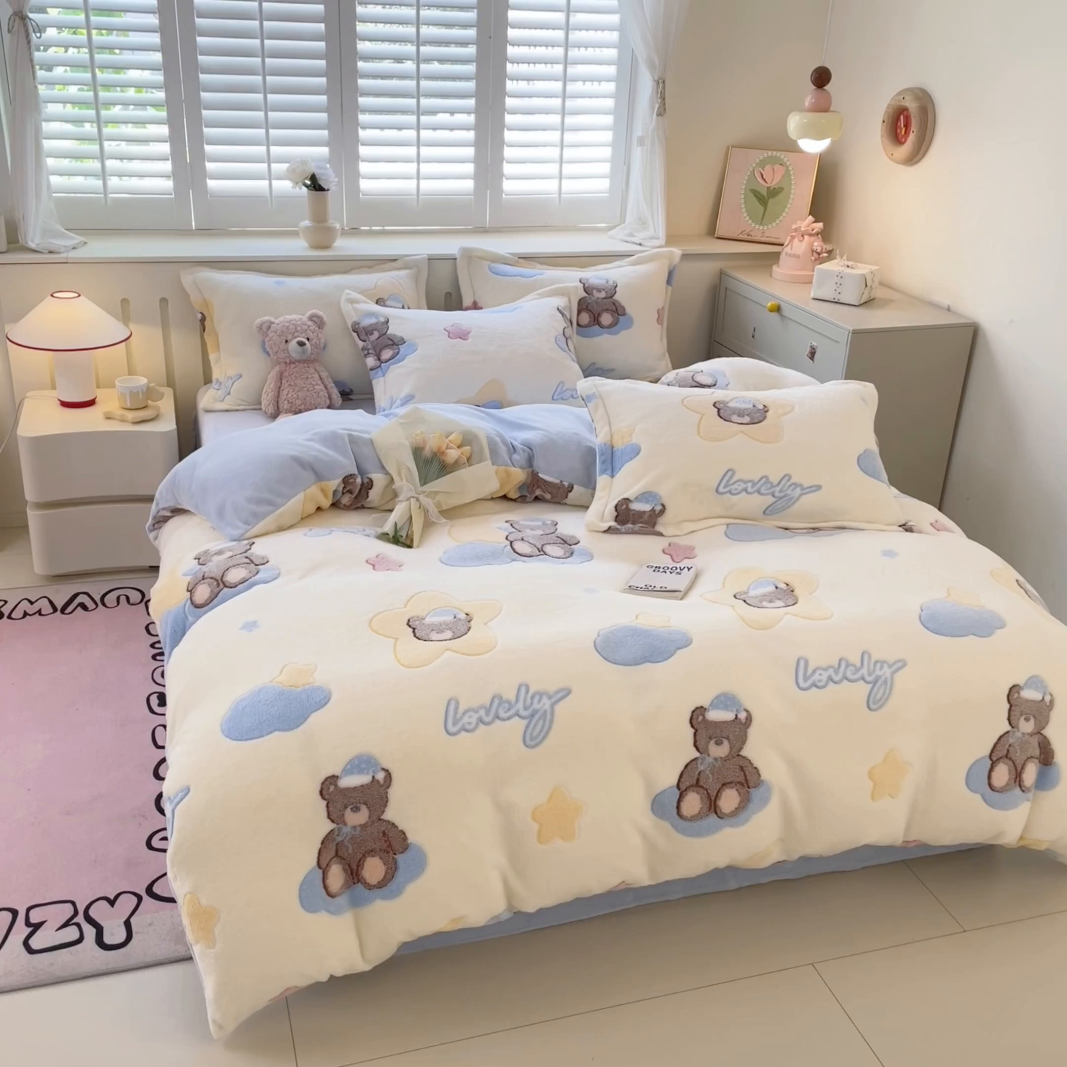 91家纺网 家纺一手货源 找家纺 沐慕 2025新款A类200g加厚雪花绒180g牛奶绒四件套 可爱熊