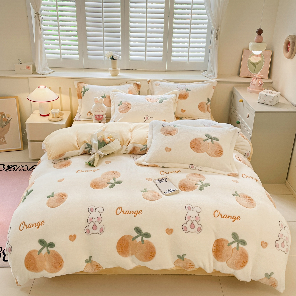 91家纺网 家纺一手货源 找家纺 沐慕 2025新款A类200g加厚雪花绒180g牛奶绒四件套 小橘子