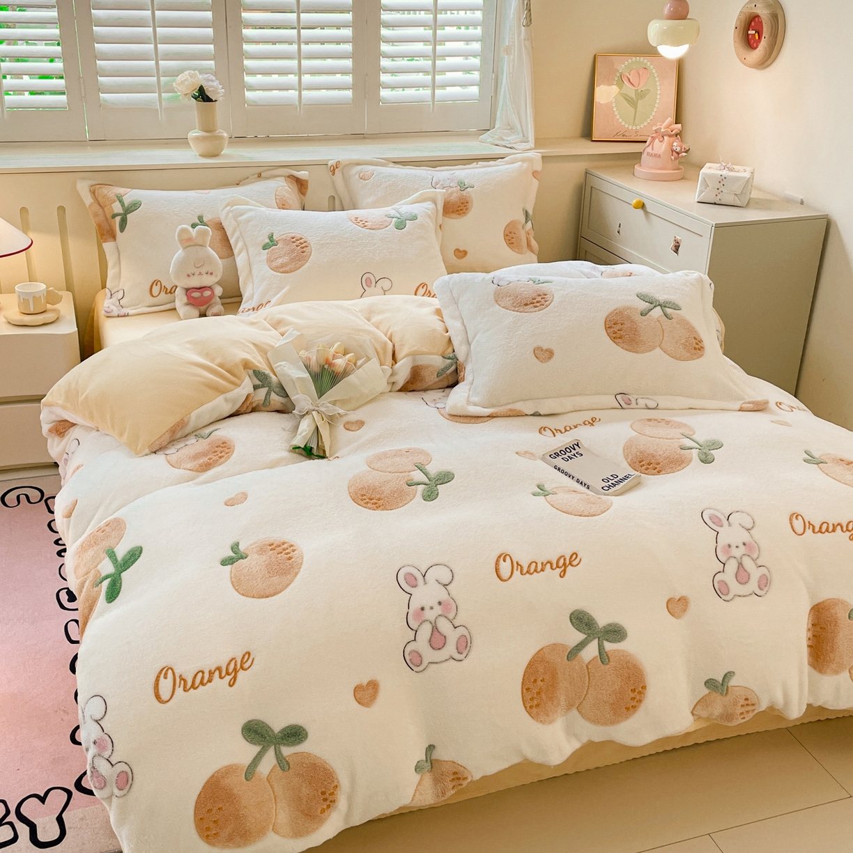 91家纺网 家纺一手货源 找家纺 沐慕 2025新款A类200g加厚雪花绒180g牛奶绒四件套 小橘子