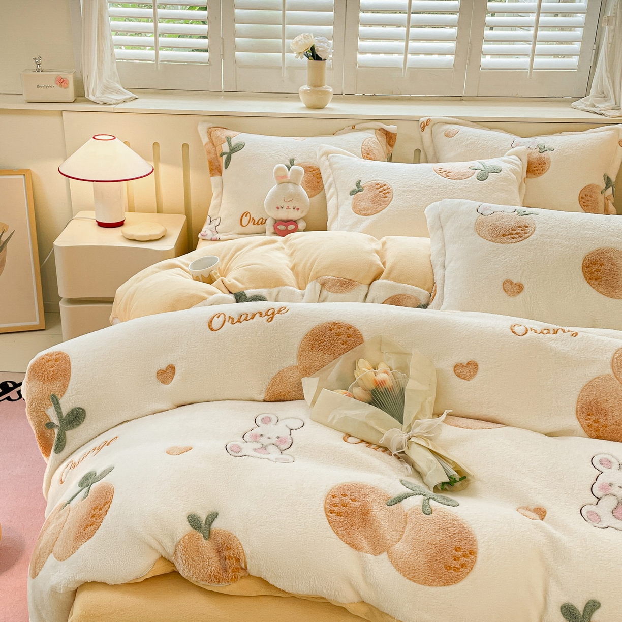 91家纺网 家纺一手货源 找家纺 沐慕 2025新款A类200g加厚雪花绒180g牛奶绒四件套 小橘子