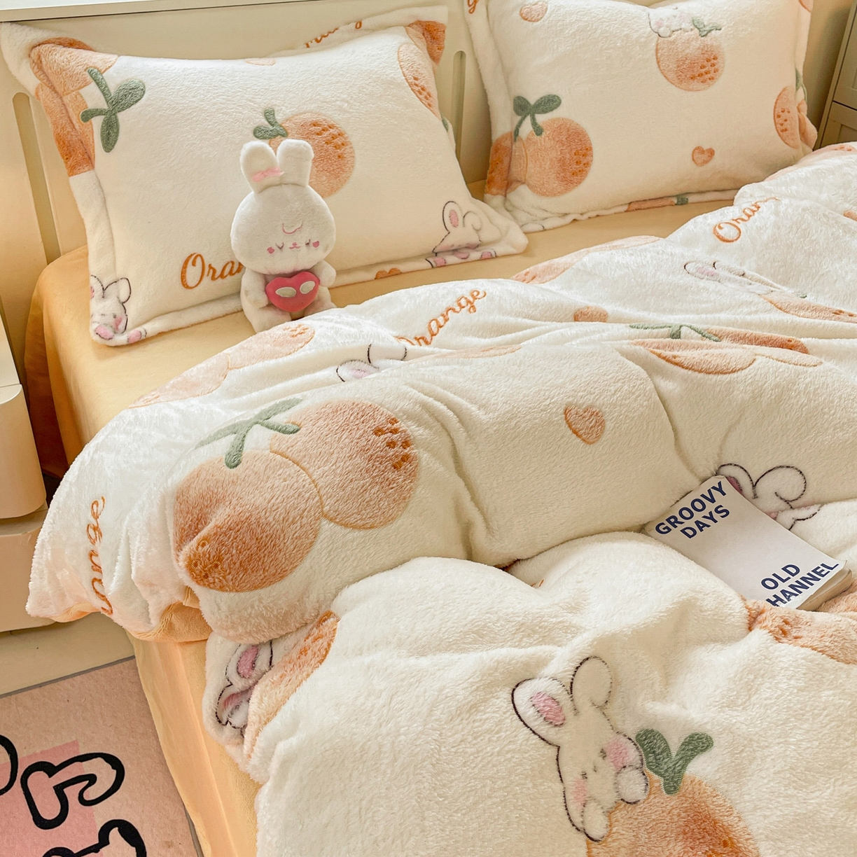 91家纺网 家纺一手货源 找家纺 沐慕 2025新款A类200g加厚雪花绒180g牛奶绒四件套 小橘子