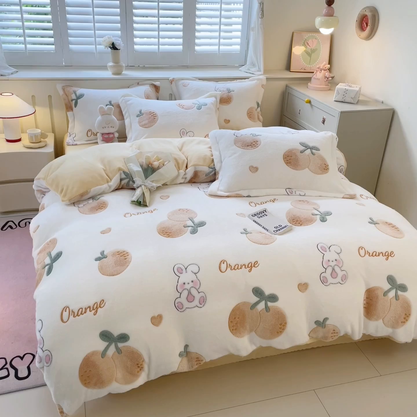 91家纺网 家纺一手货源 找家纺 沐慕 2025新款A类200g加厚雪花绒180g牛奶绒四件套 小橘子